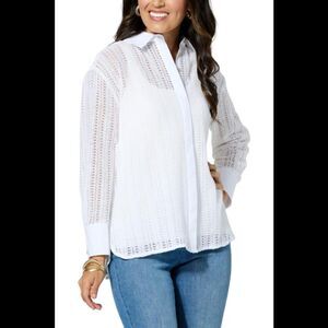 WynneCollection Woven Crochet Button-Down Shirt White - Regular